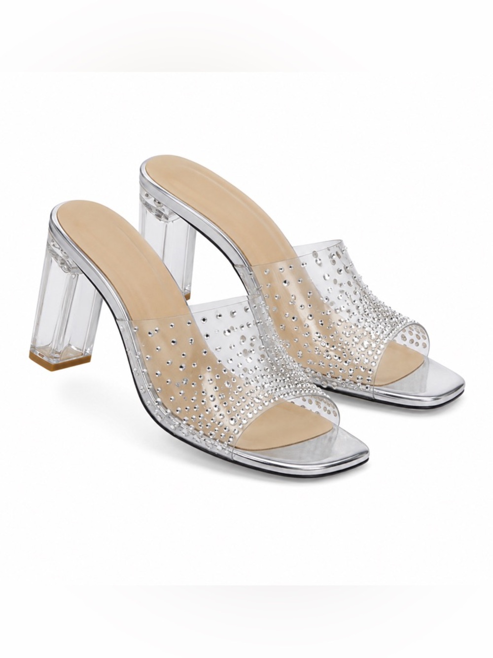 New In Box Clear Rhinestone Embellished Slide Block Heels - Picture 3 of 3